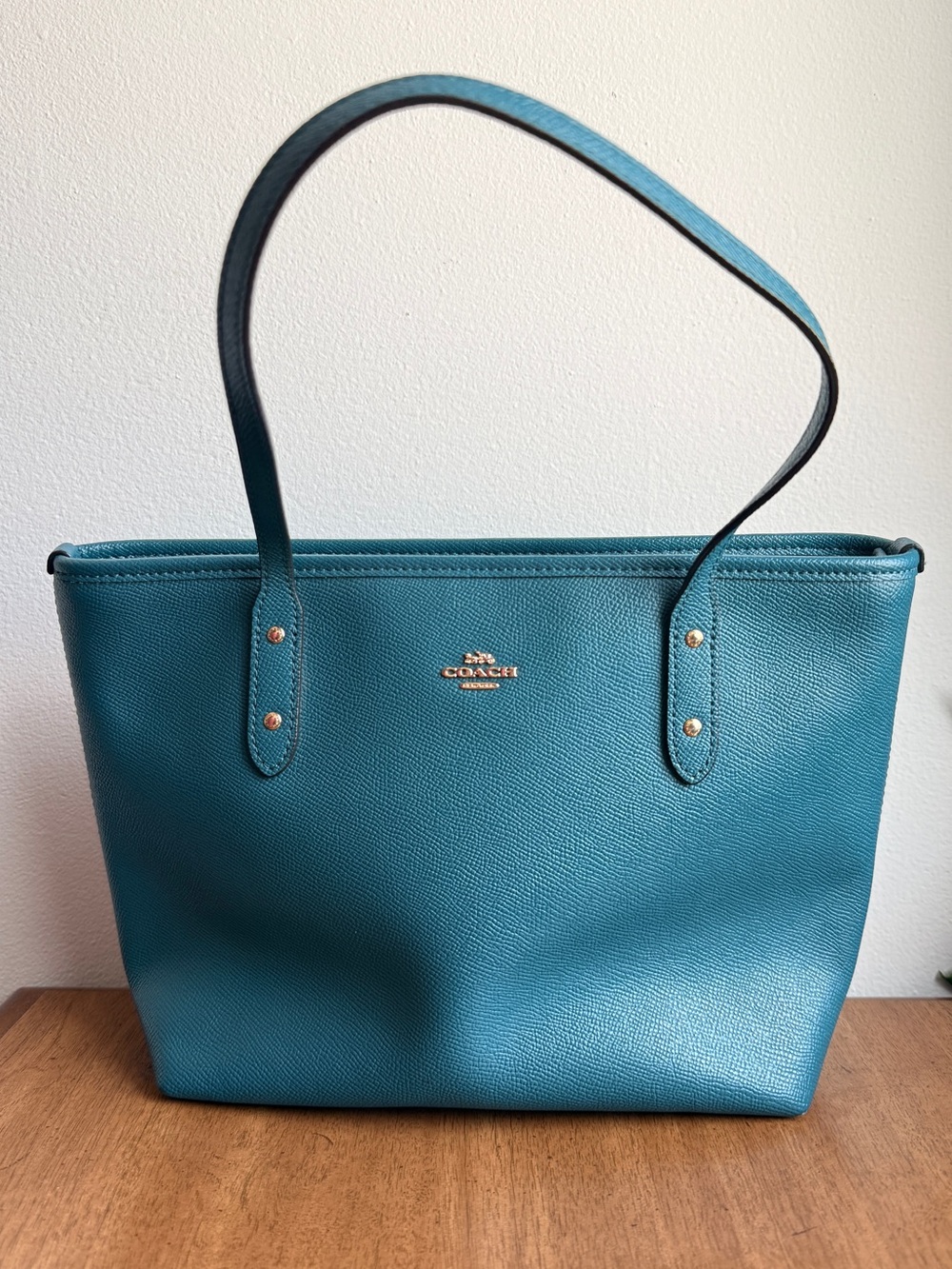Coach City Zip Top Tote Teal Leather Shoulder Bag COA